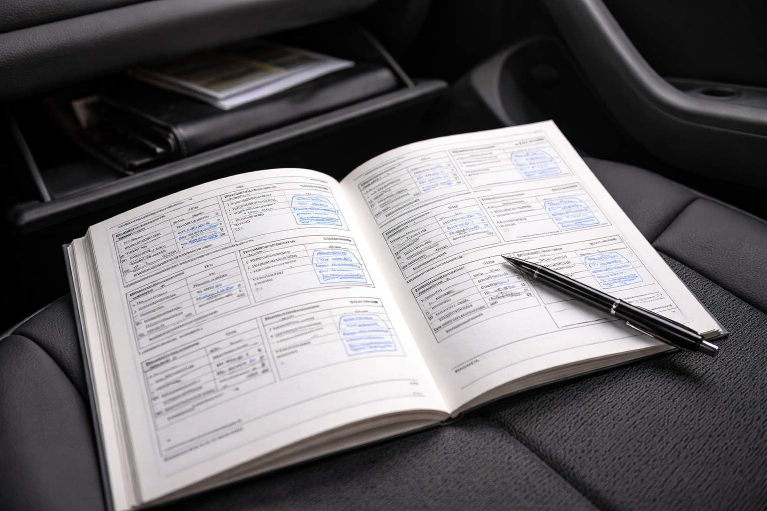 a photo of a car logbook with stamps, or a gloveboxowner’s manual