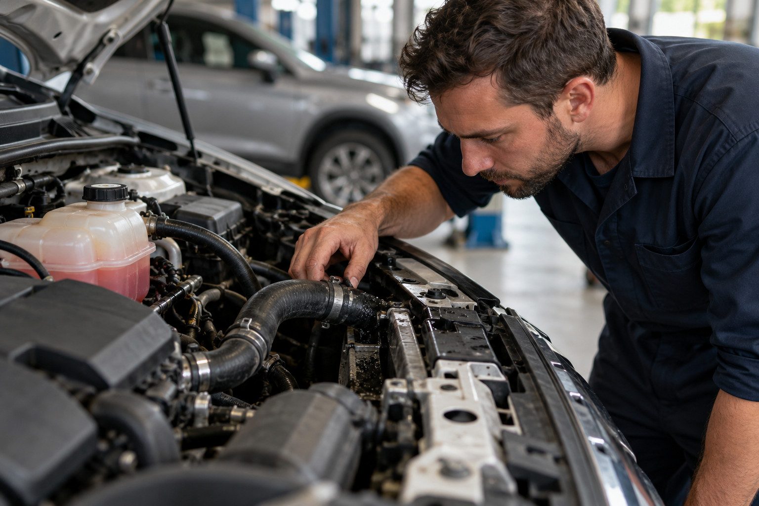 Mechanic inspecting a cooling hose and radiator area in an engine bay