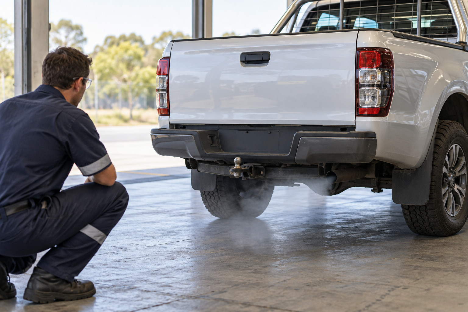 Mechanic observing pale exhaust smoke from a diesel ute in an open service bay