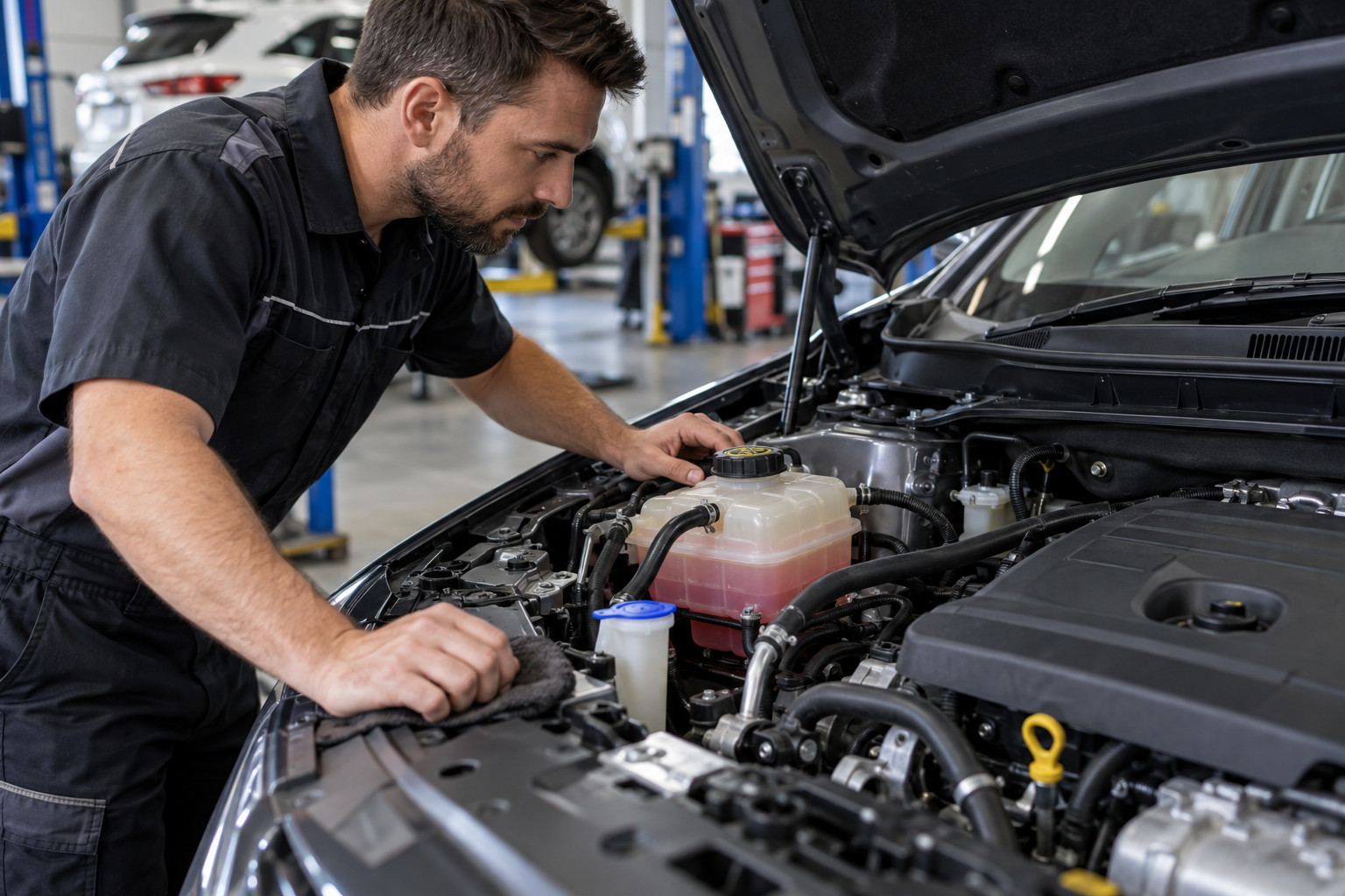 Mechanic checking the coolant reservoir in a modern car