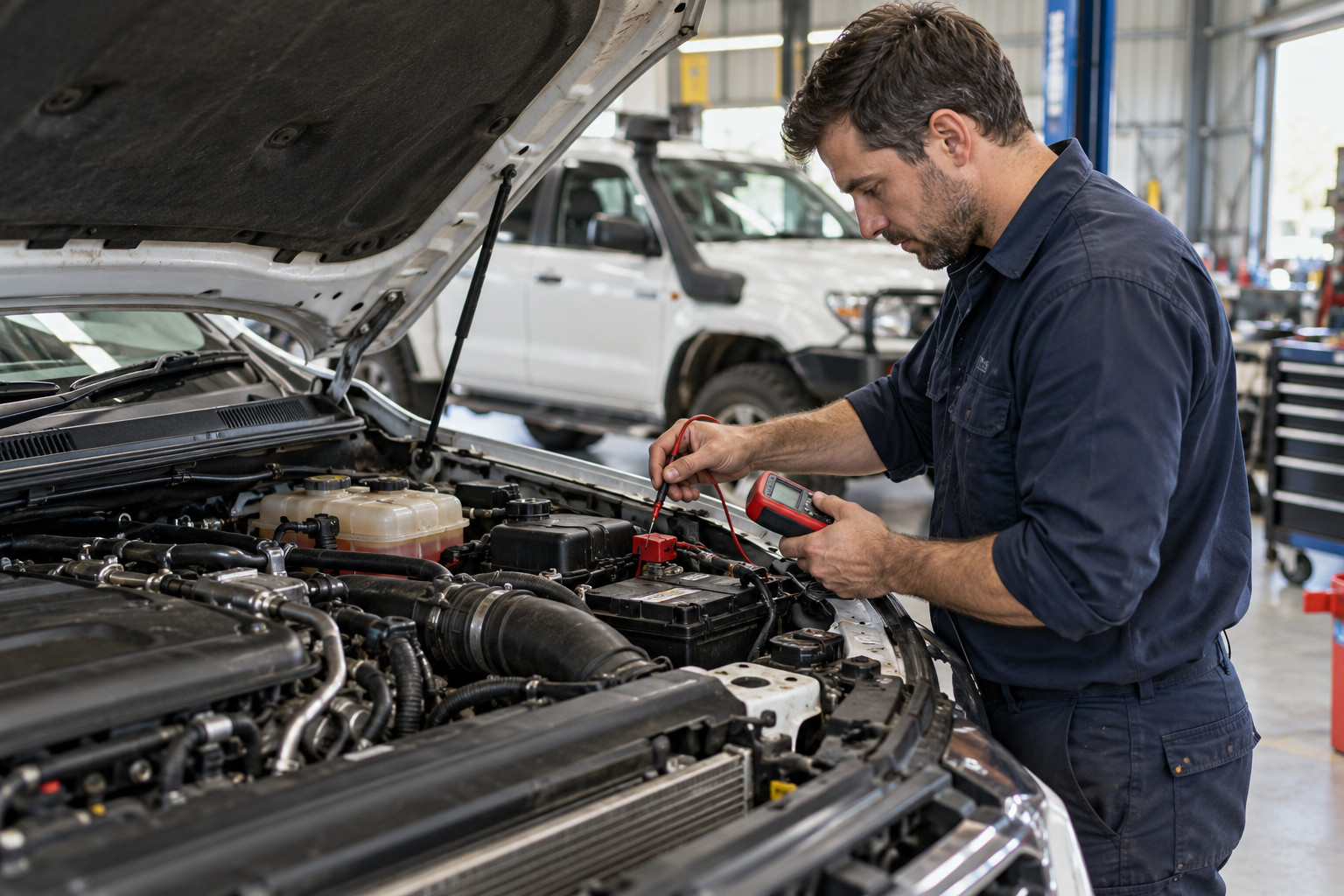 Mechanic testing electrical connections in a diesel vehicle engine bay
