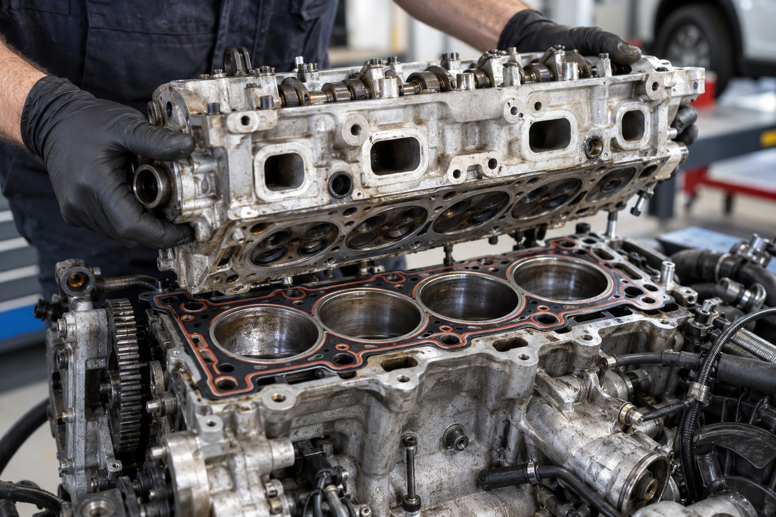 Cylinder head lifted above an engine block during head gasket inspection