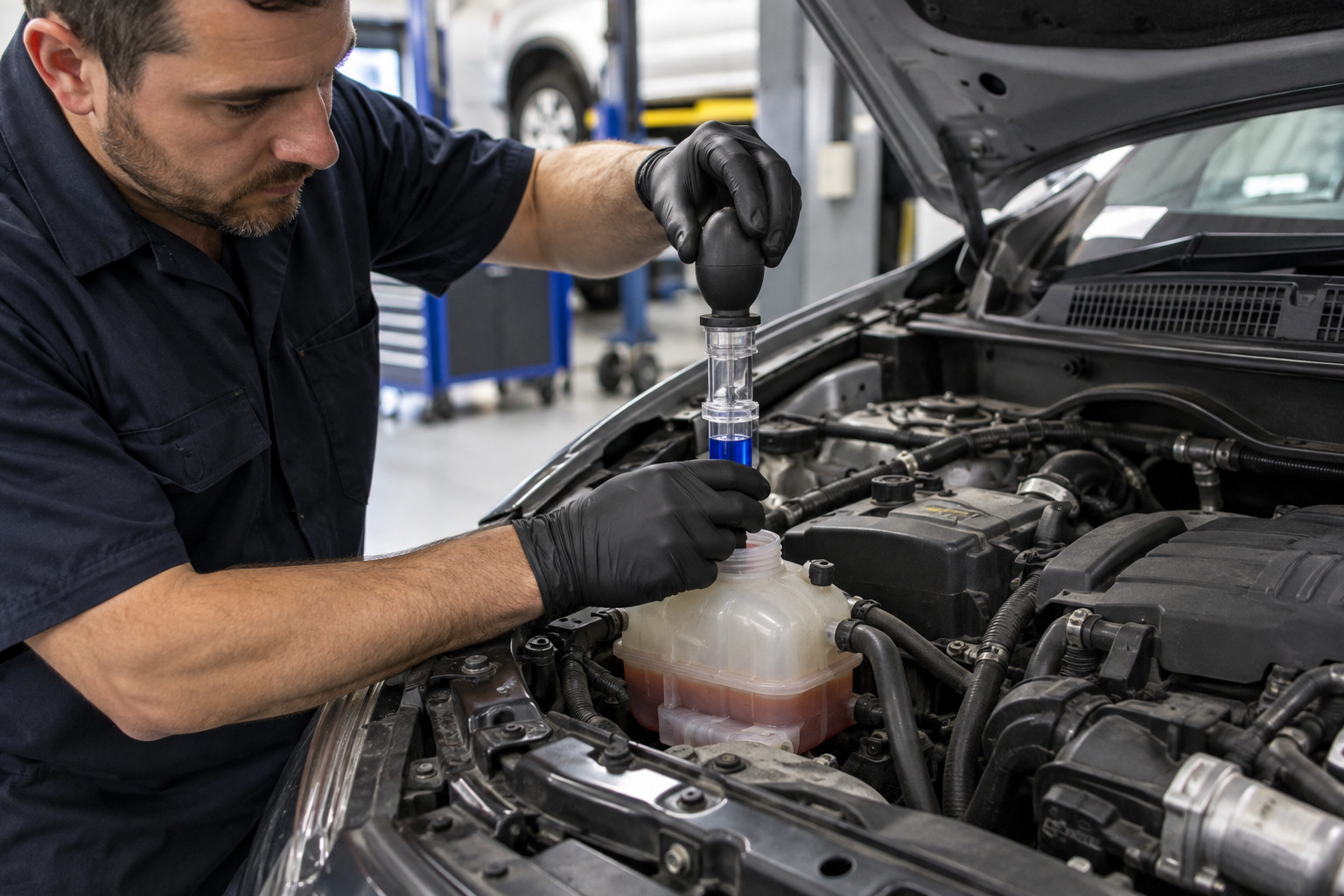 Mechanic using a fluid test device at a car coolant reservoir