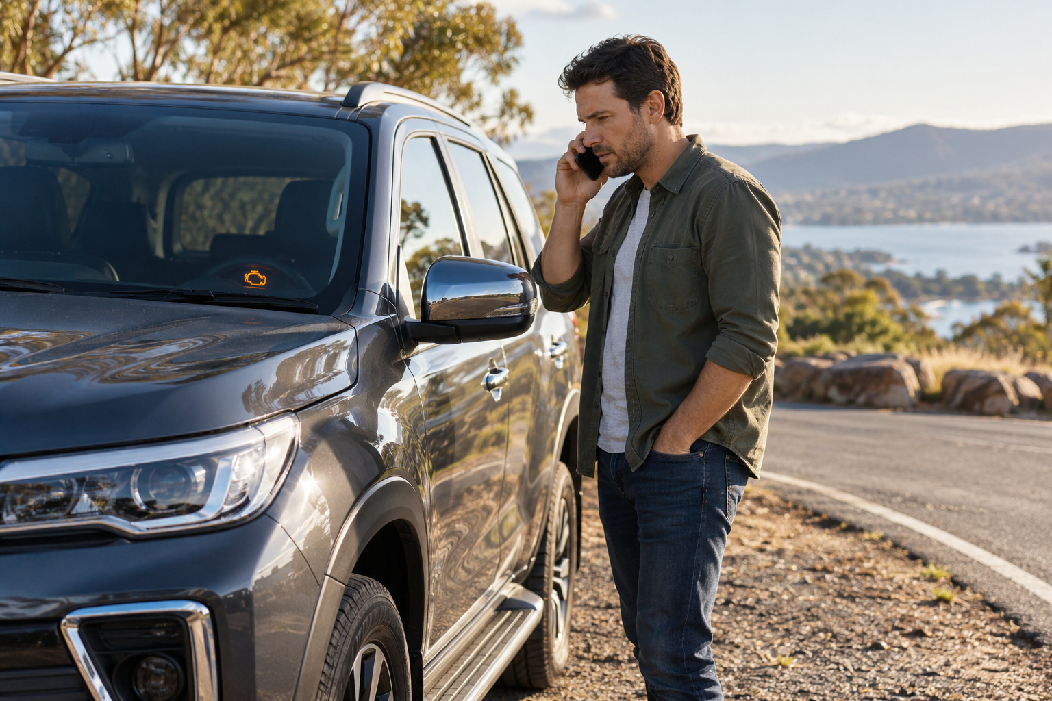 Driver calling for help beside a diesel ute stopped at the roadside