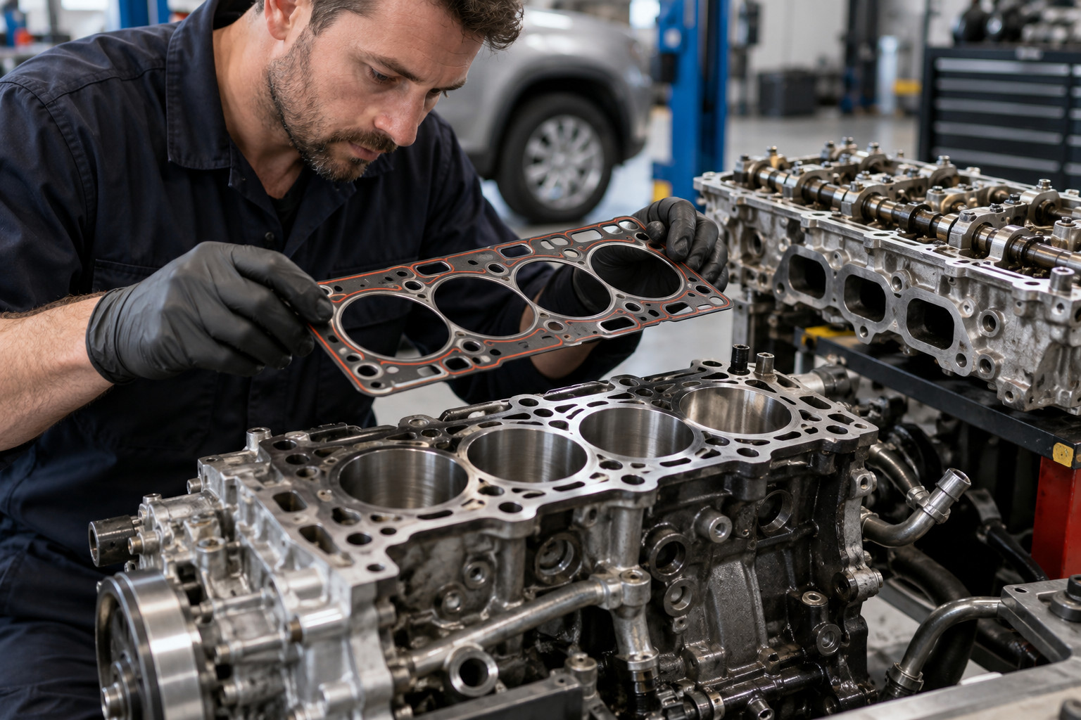 Mechanic placing a replacement head gasket over a disassembled engine block