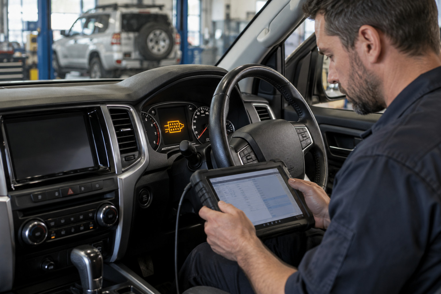 Mechanic using a diagnostic tablet beside a diesel vehicle dashboard warning light