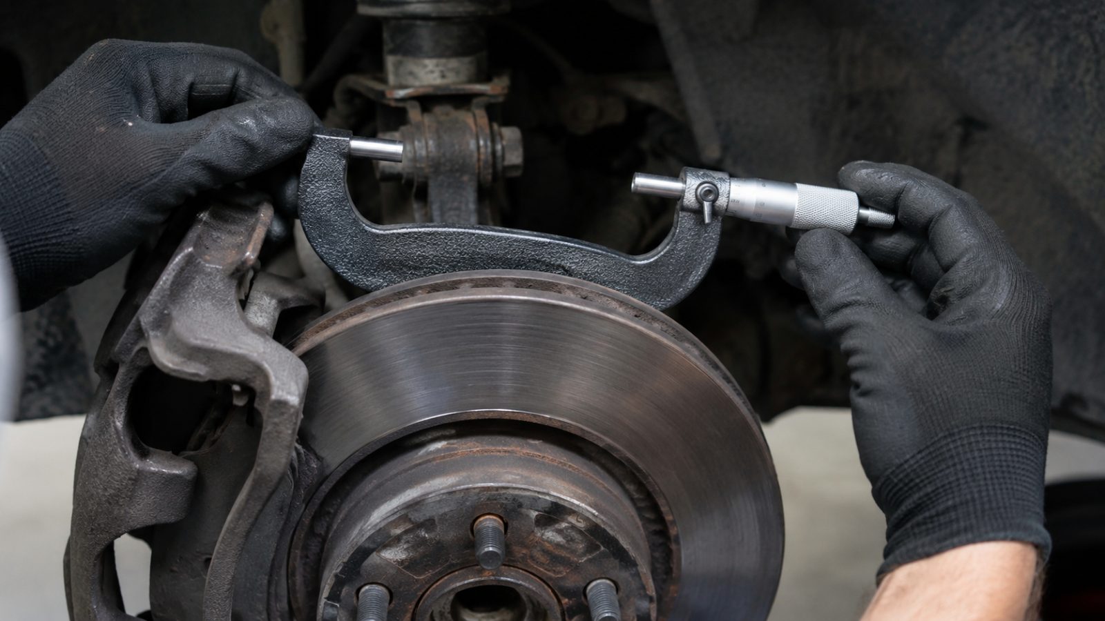 Mechanic measuring brake disc thickness with a micrometer during a car safety check