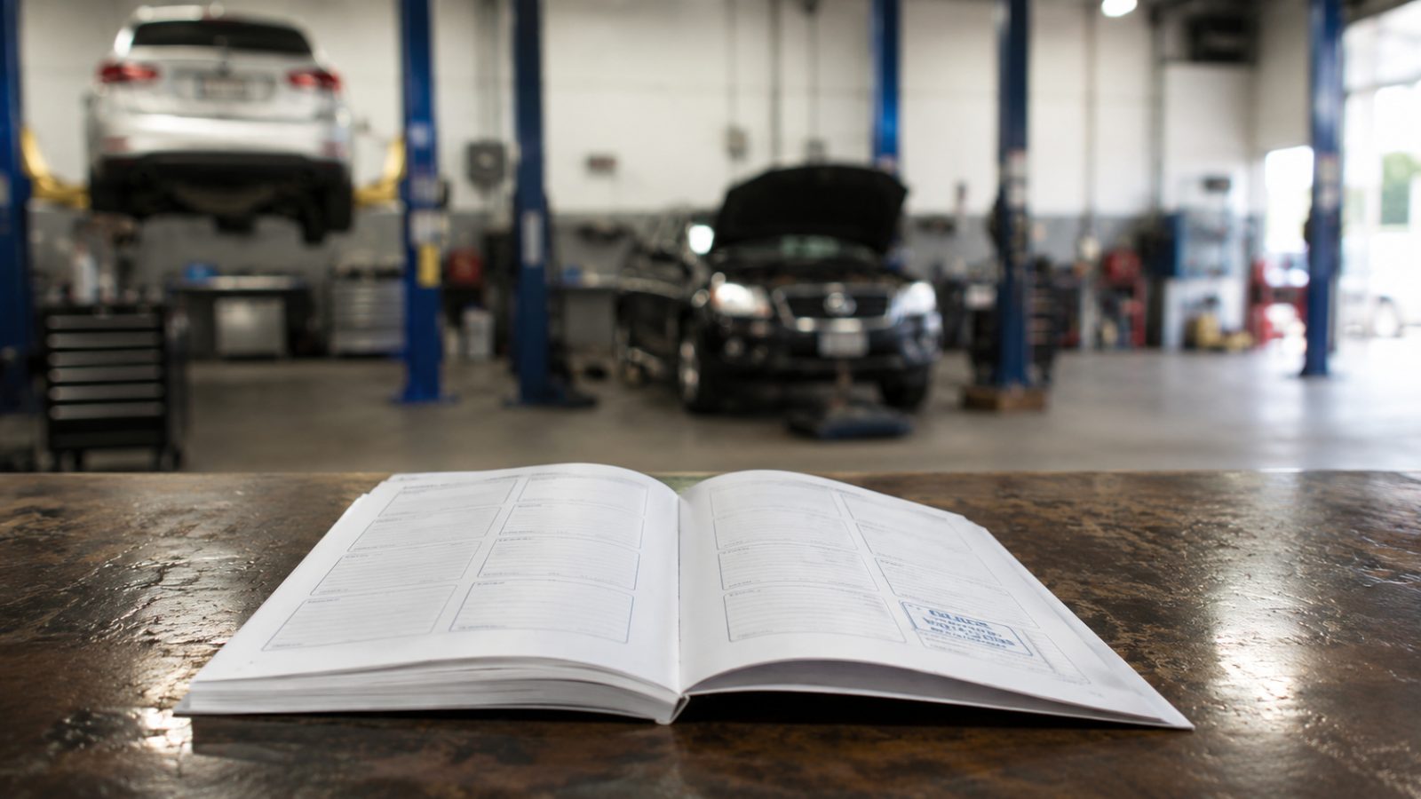Car service logbook open showing last stamp with workshop in background