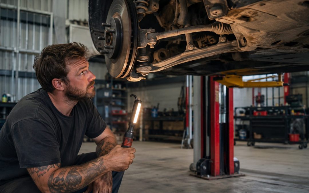 Mechanic inspecting front suspension on a raised car during a safety check