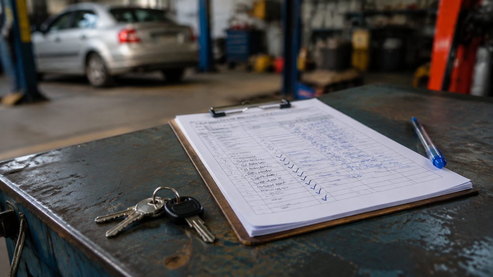 Car safety inspection report on a clipboard with keys on a workshop bench