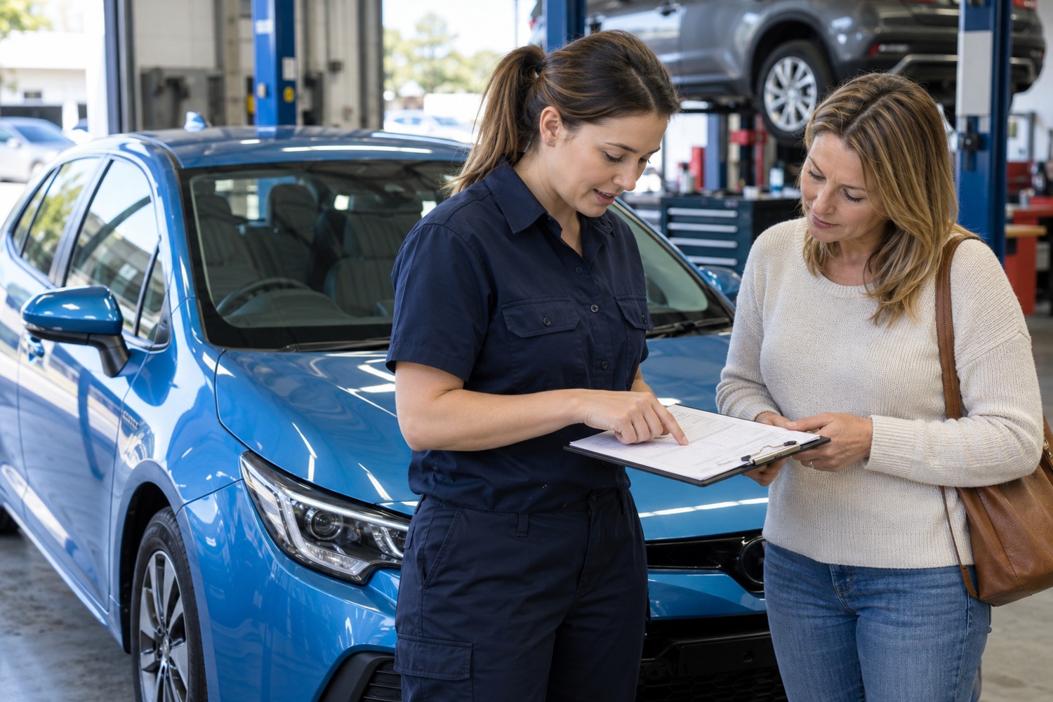 Service adviser and customer reviewing a written estimate beside a blue hybrid car.