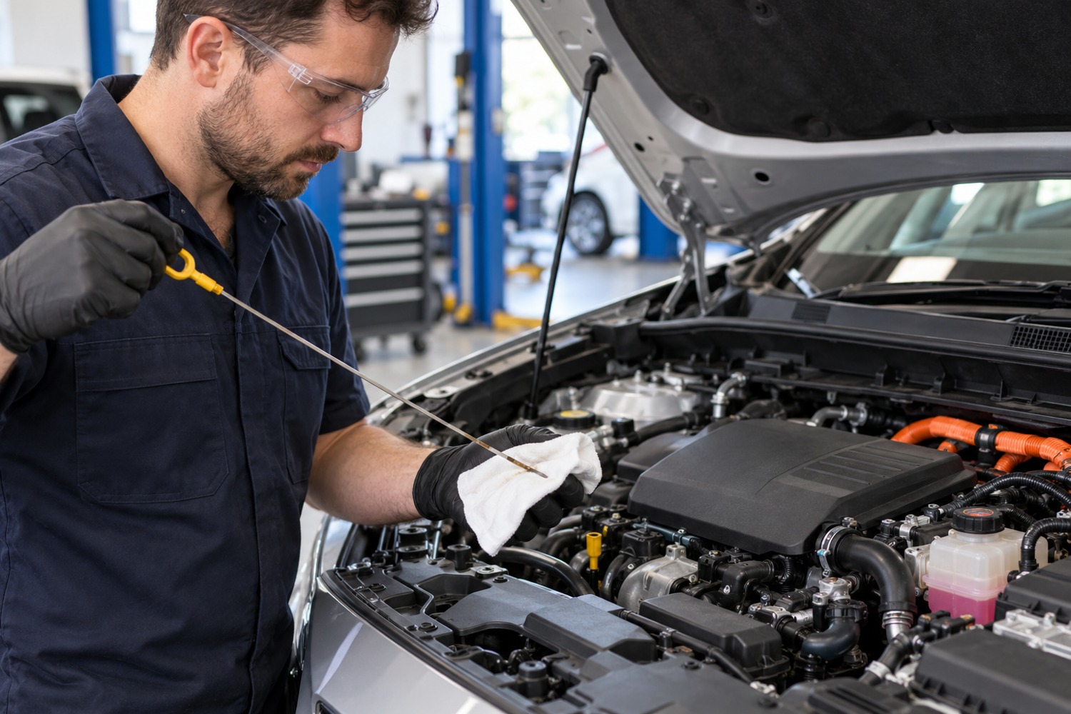 Mechanic wiping the engine oil dipstick during routine maintenance on a hybrid car.