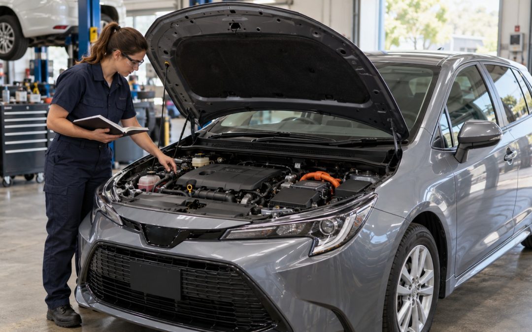 Technician checking a hybrid hatchback’s engine bay while consulting its service logbook.