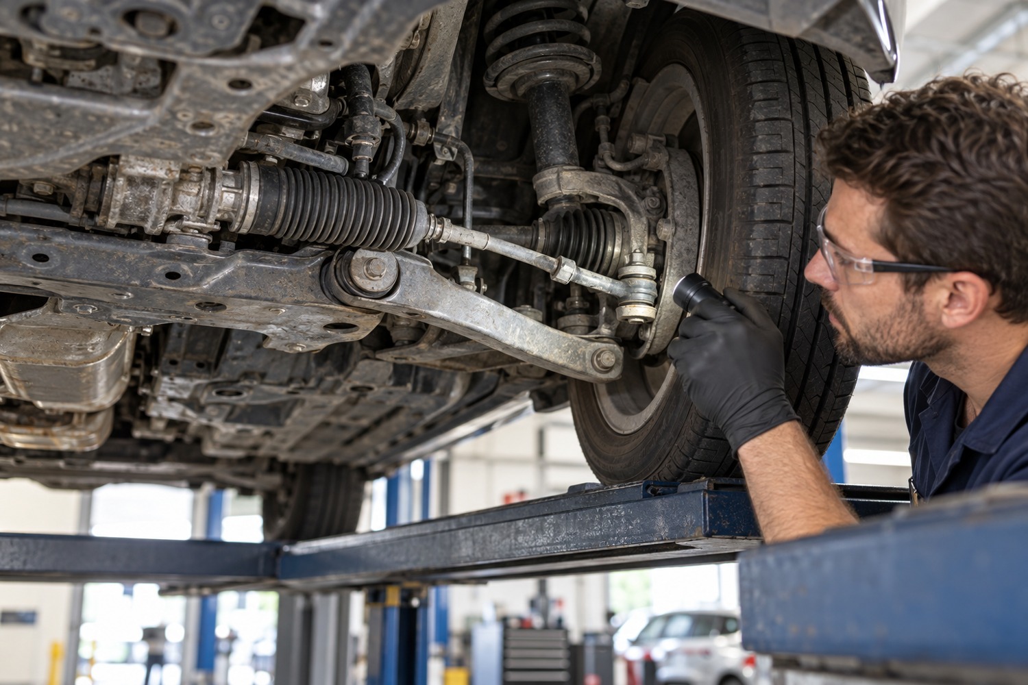 Mechanic inspecting a car’s steering rack gaiter and linkage on a workshop service lift.
