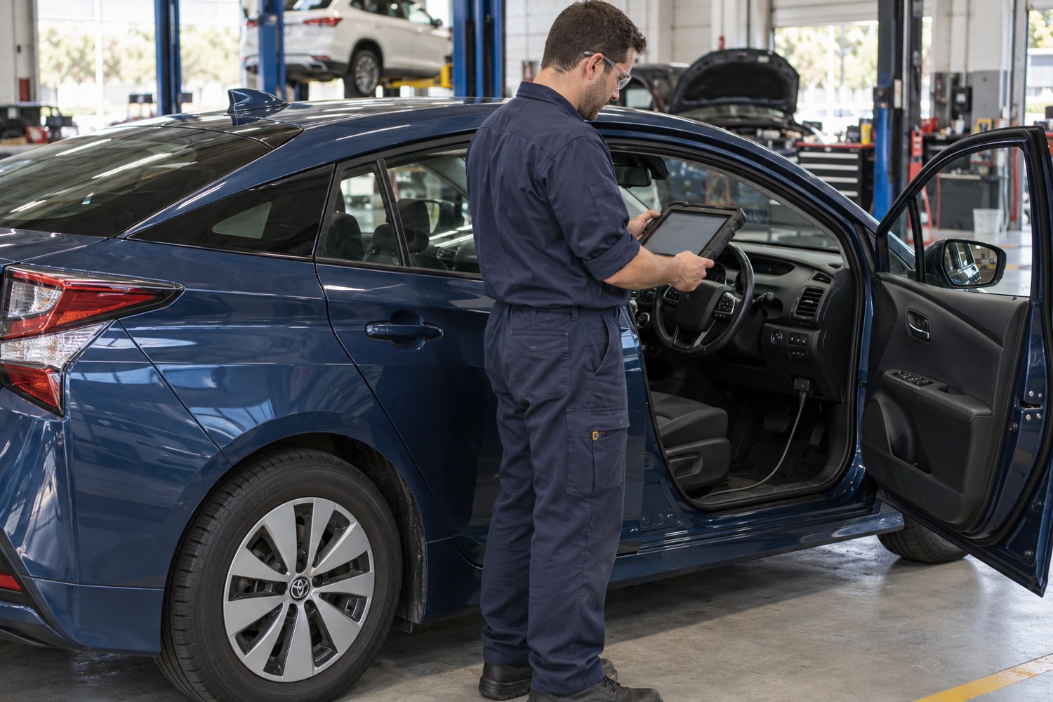 Technician using a diagnostic tablet beside the open driver door of a hybrid hatchback.