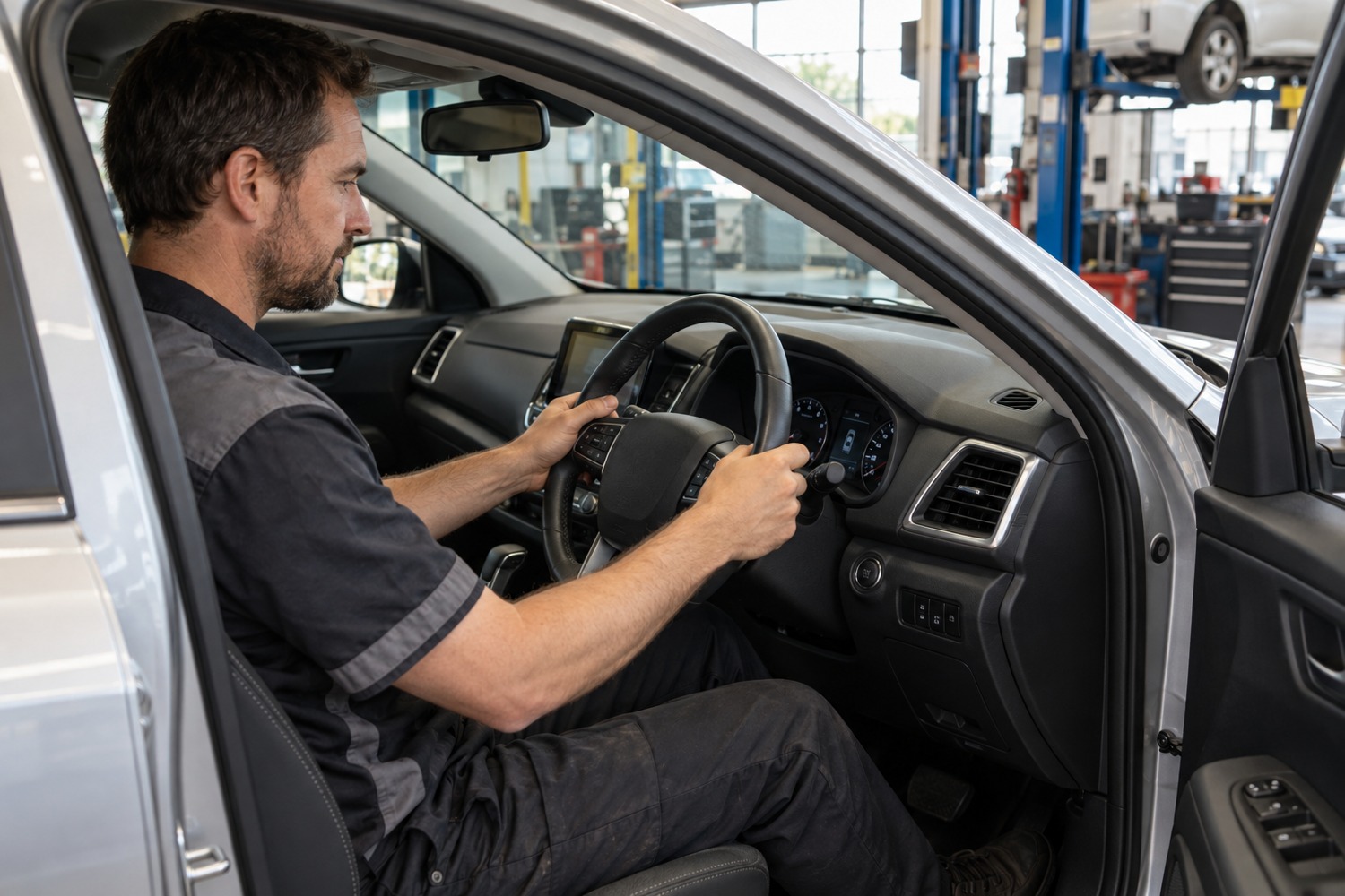 Technician seated in a stationary right-hand-drive car assessing the steering wheel.
