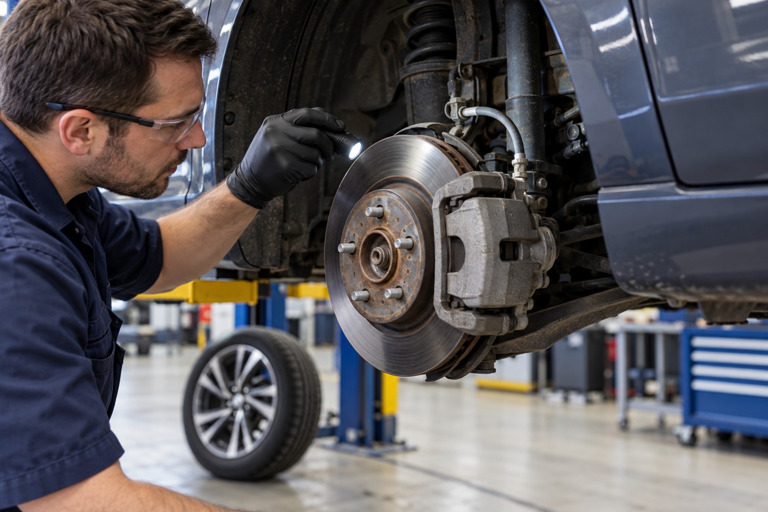Mechanic inspecting a hybrid car’s friction brake disc, caliper and hose with the wheel removed.