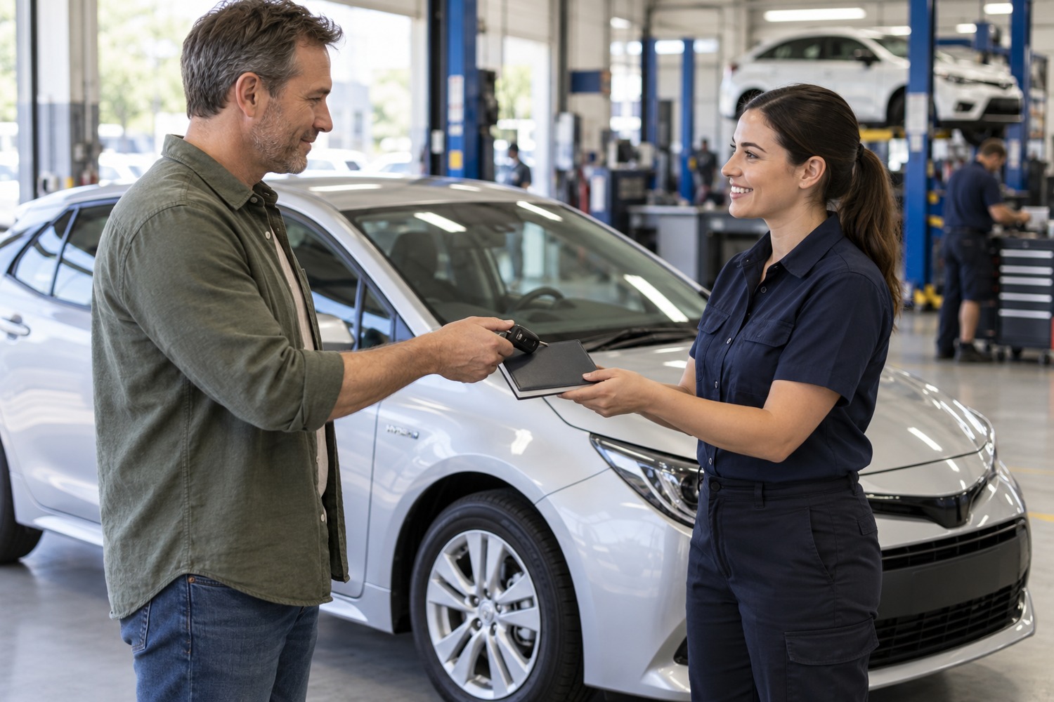 Owner handing a service logbook and car keys to a service adviser beside a hybrid car.