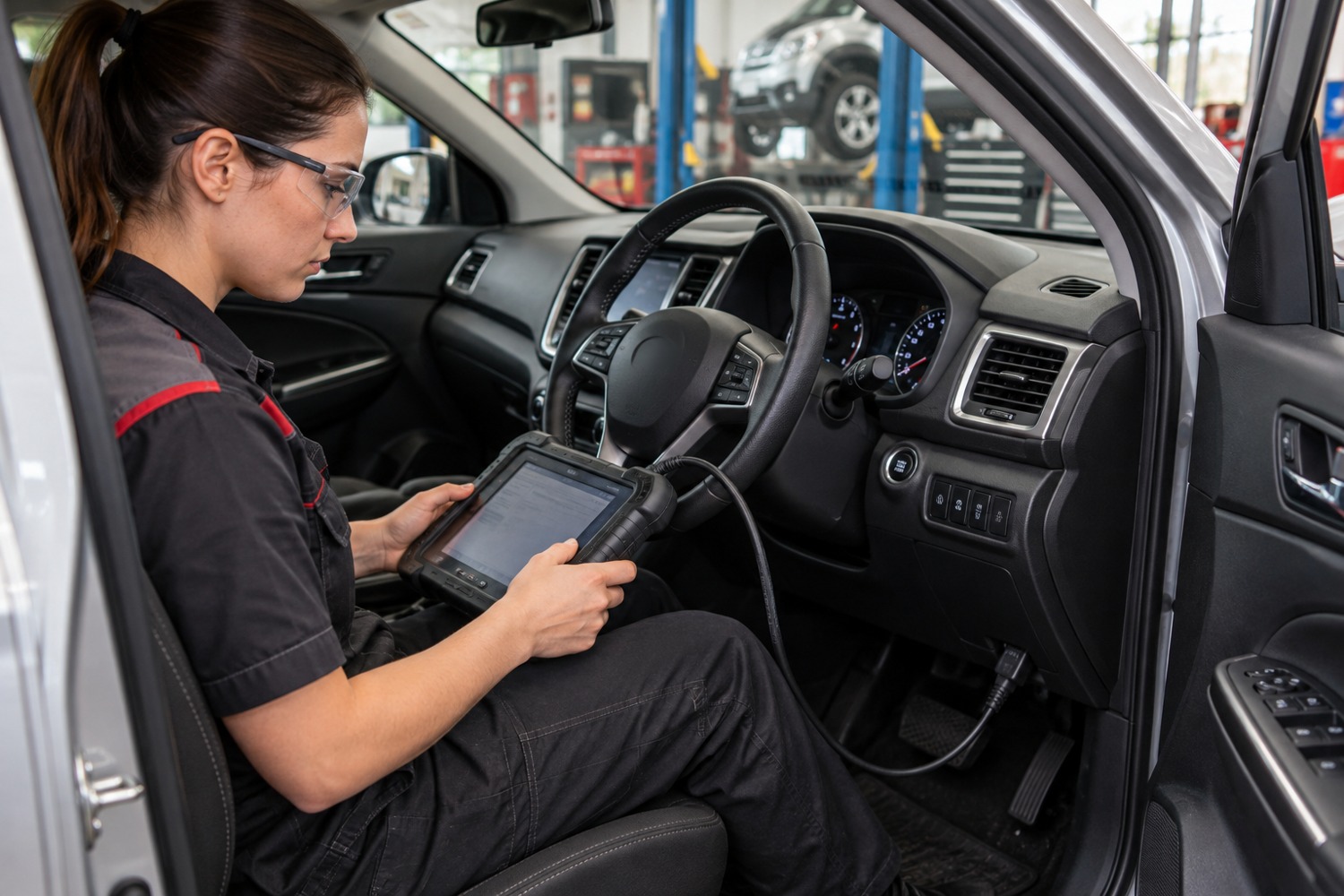 Technician using a connected diagnostic scanner inside a stationary right-hand-drive car.