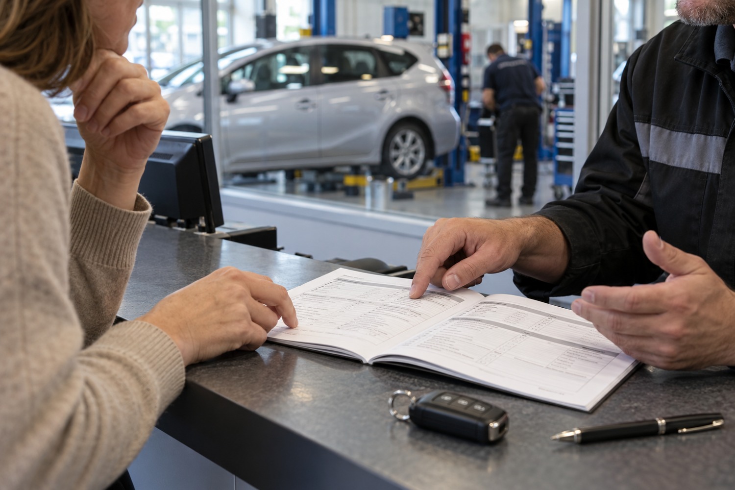 Customer and mechanic reviewing a service schedule with car keys on the counter and a car in the workshop behind.