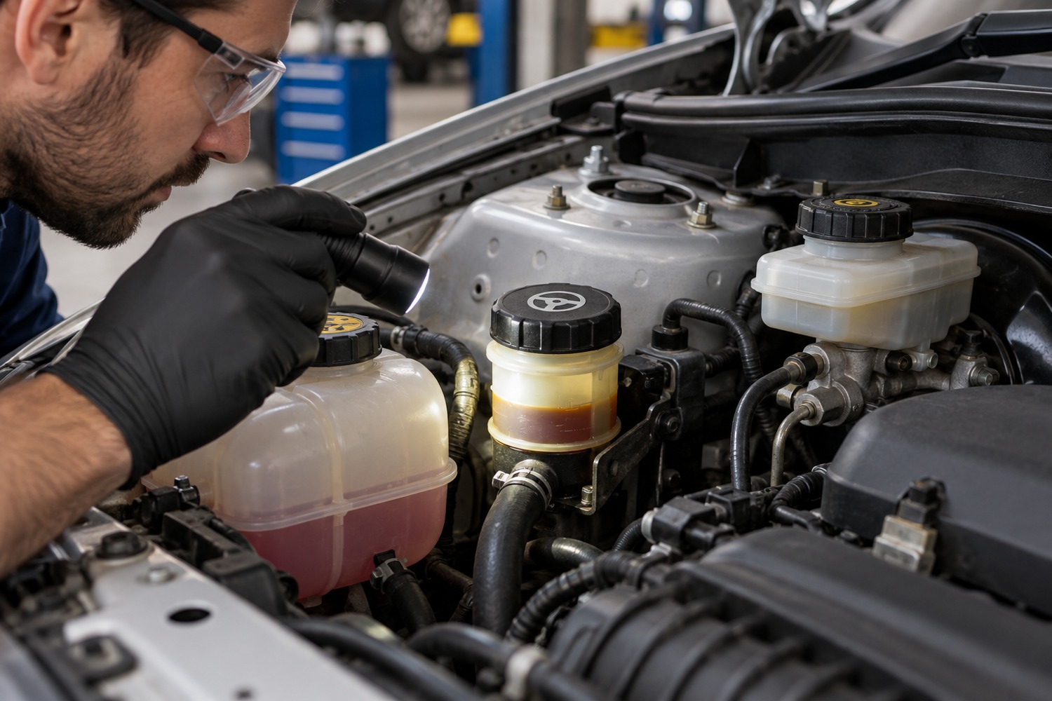 Mechanic using a torch to check fluid in a small hydraulic power-steering reservoir.